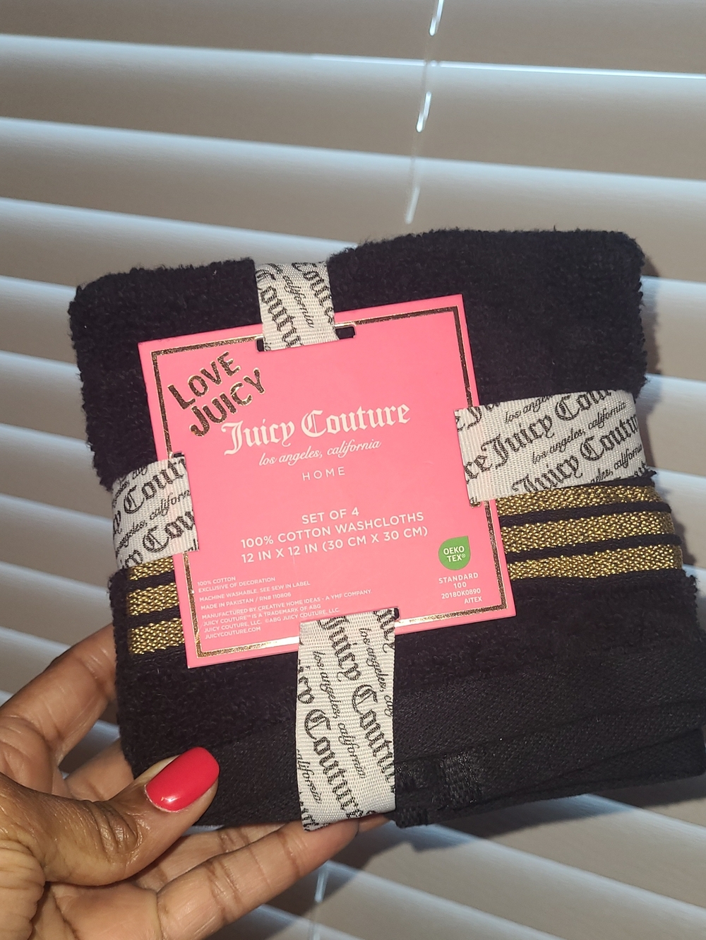 Juicy Couture Black Cotton Washcloths with Gold Stripe Accents